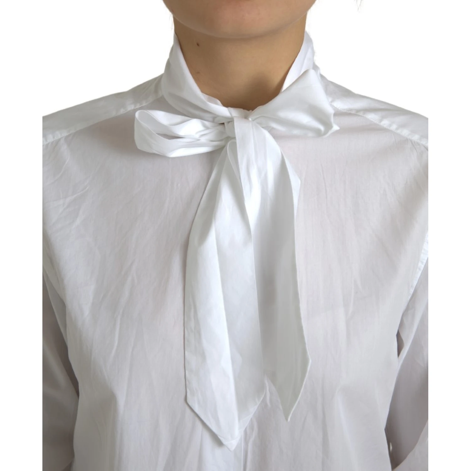 White Cotton Ascot Collar Long Sleeves Top