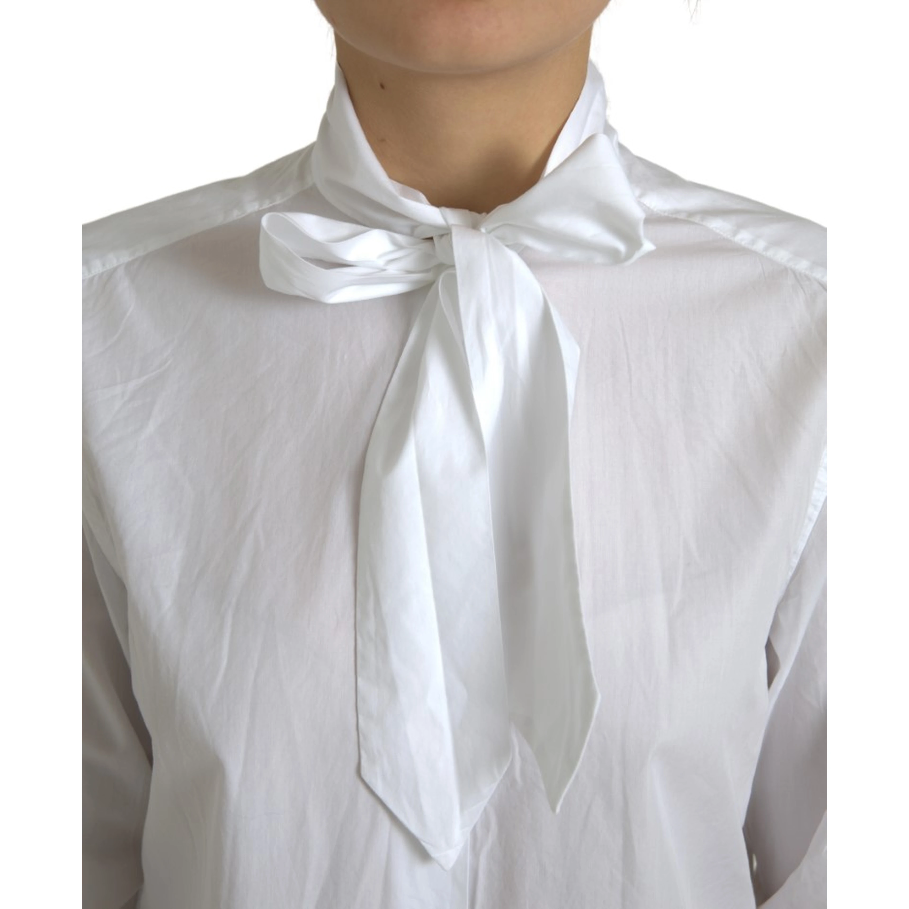White Cotton Ascot Collar Long Sleeves Top
