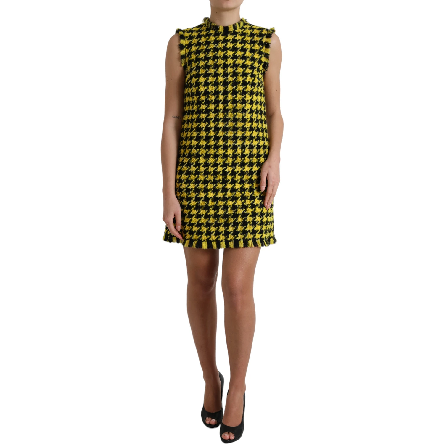 Yellow Houndstooth Sleeveless Aline Mini Dress