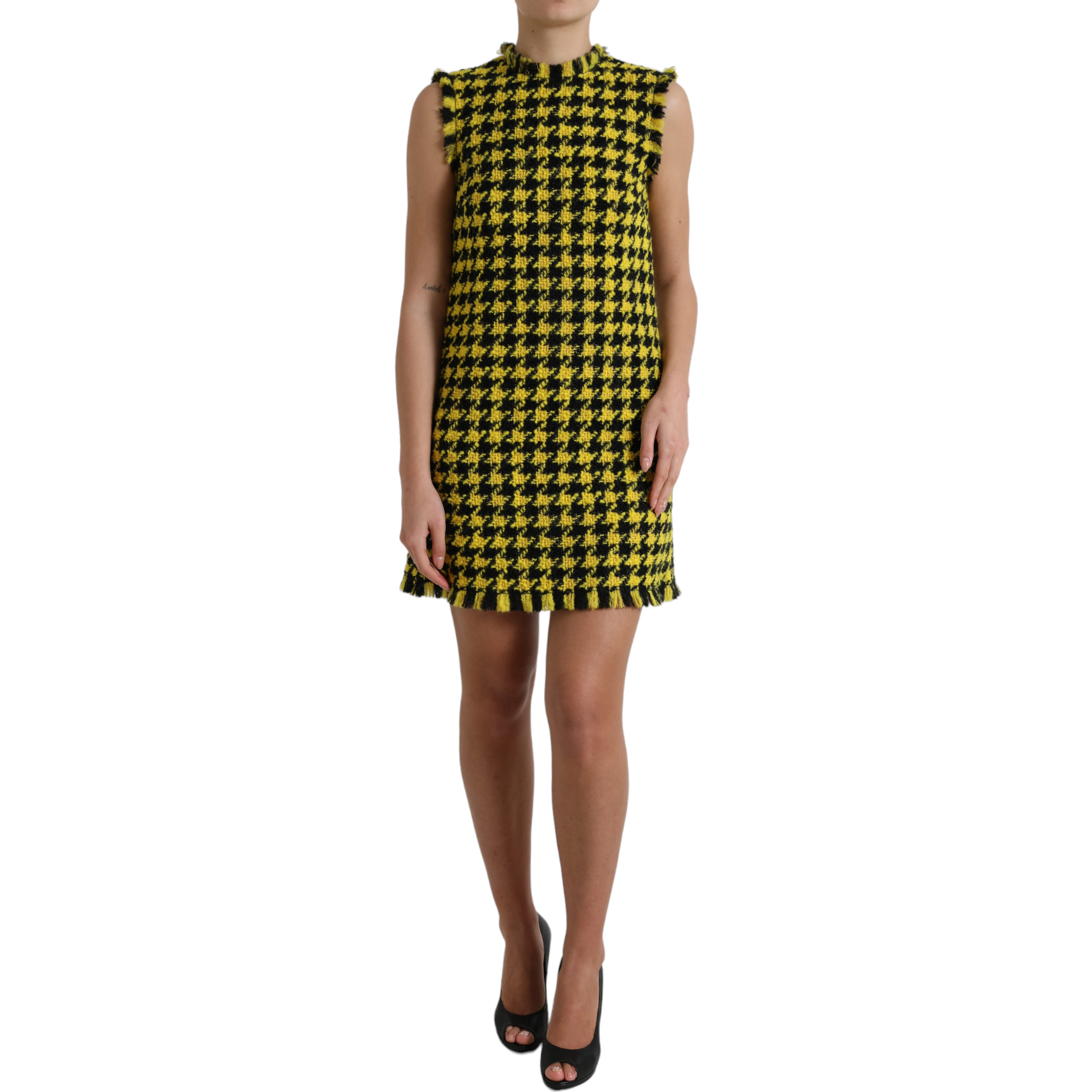 Yellow Houndstooth Sleeveless Aline Mini Dress