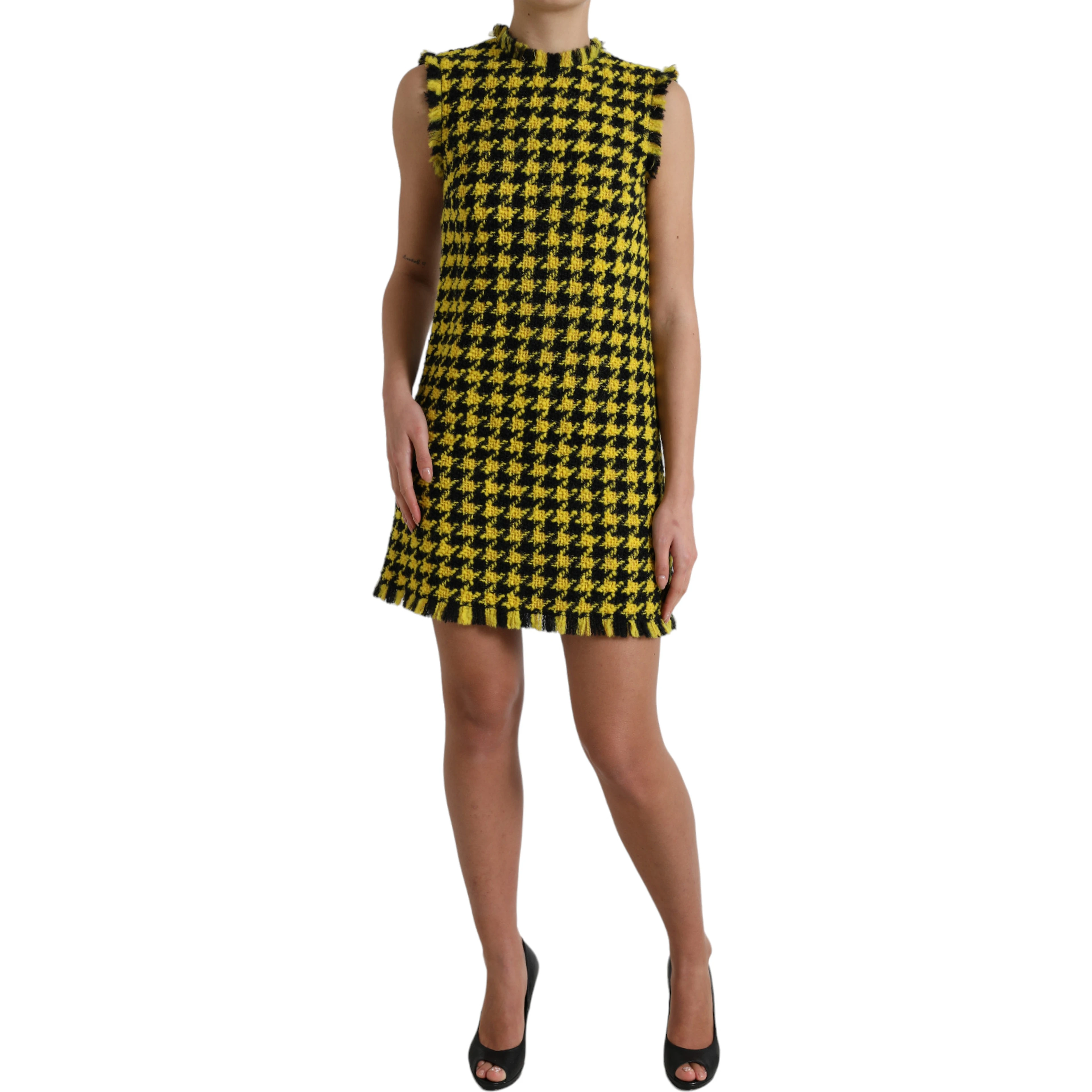 Yellow Houndstooth Sleeveless Aline Mini Dress