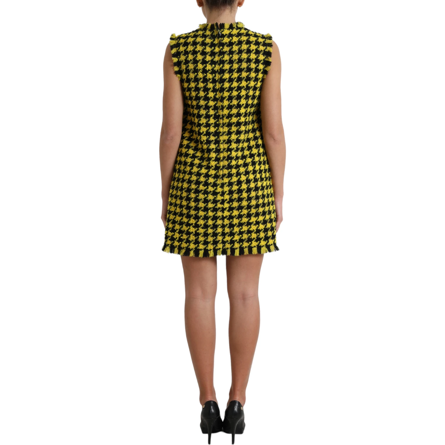Yellow Houndstooth Sleeveless Aline Mini Dress