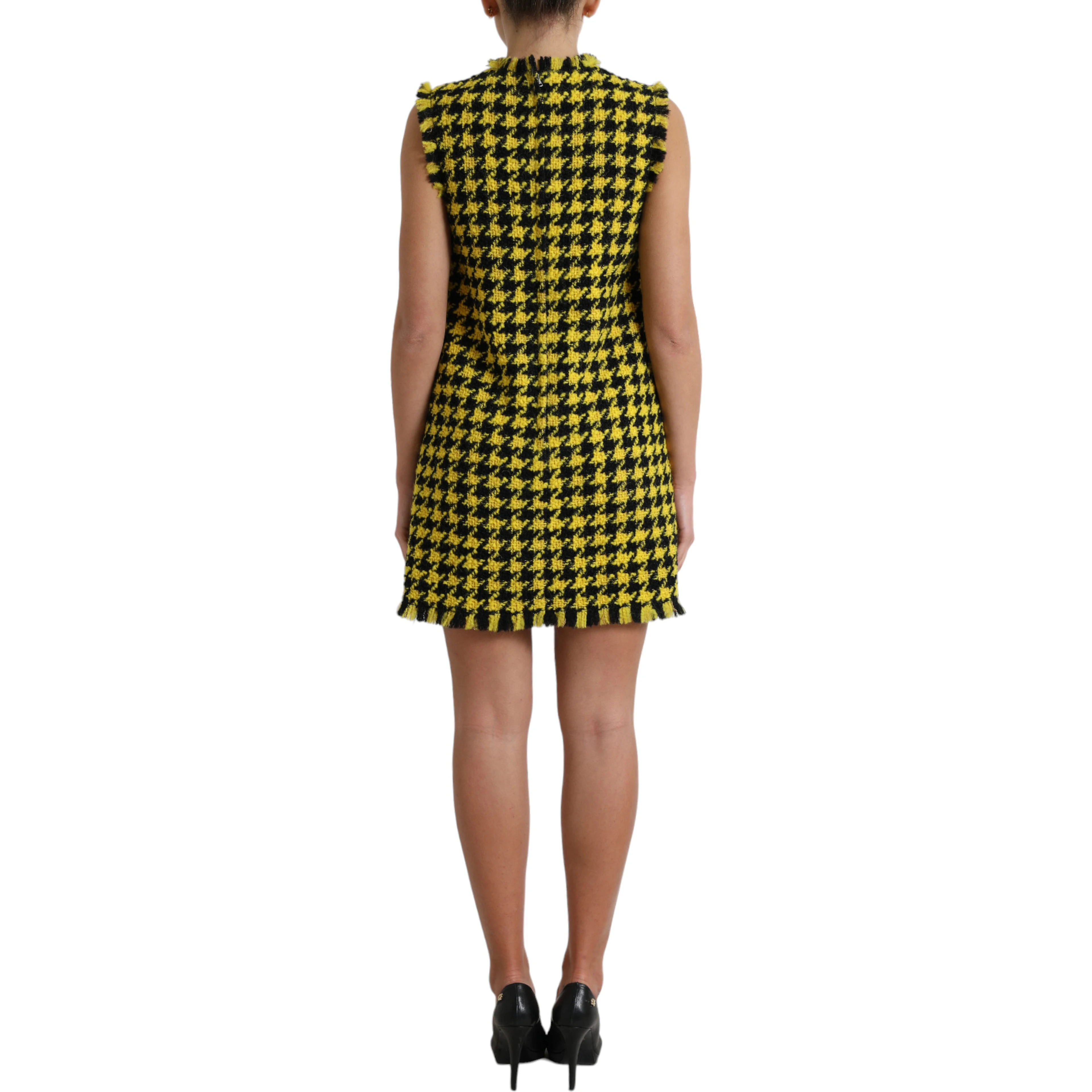 Yellow Houndstooth Sleeveless Aline Mini Dress