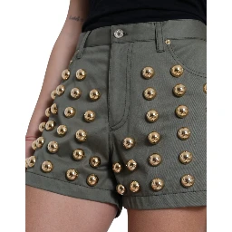 Green Embellished Cotton High Waist Hot Pants Shorts