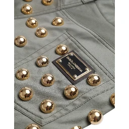 Green Embellished Cotton High Waist Hot Pants Shorts