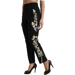 Black Floral Applique High Waist Tapered Pants