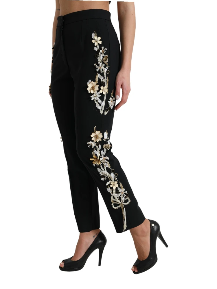 Black Floral Applique High Waist Tapered Pants