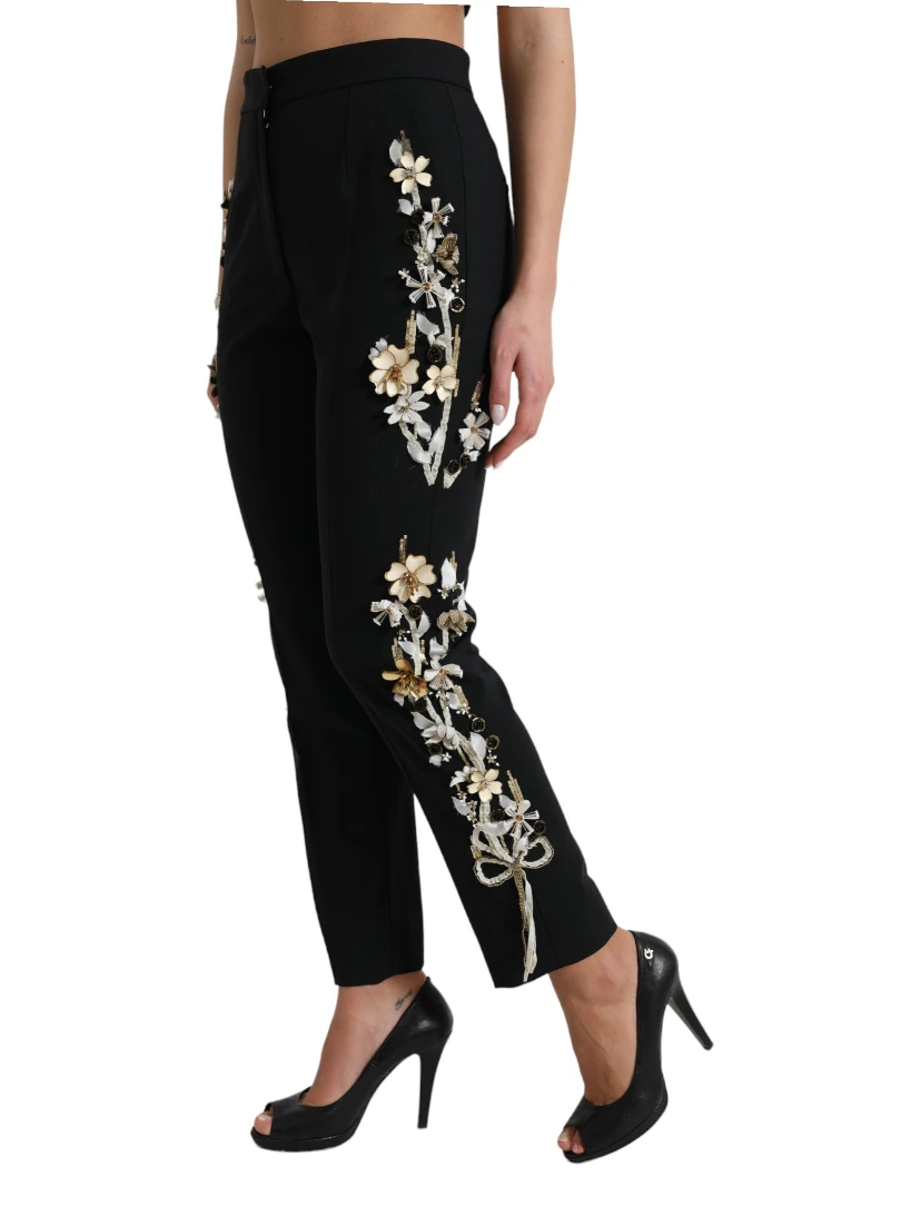 Black Floral Applique High Waist Tapered Pants