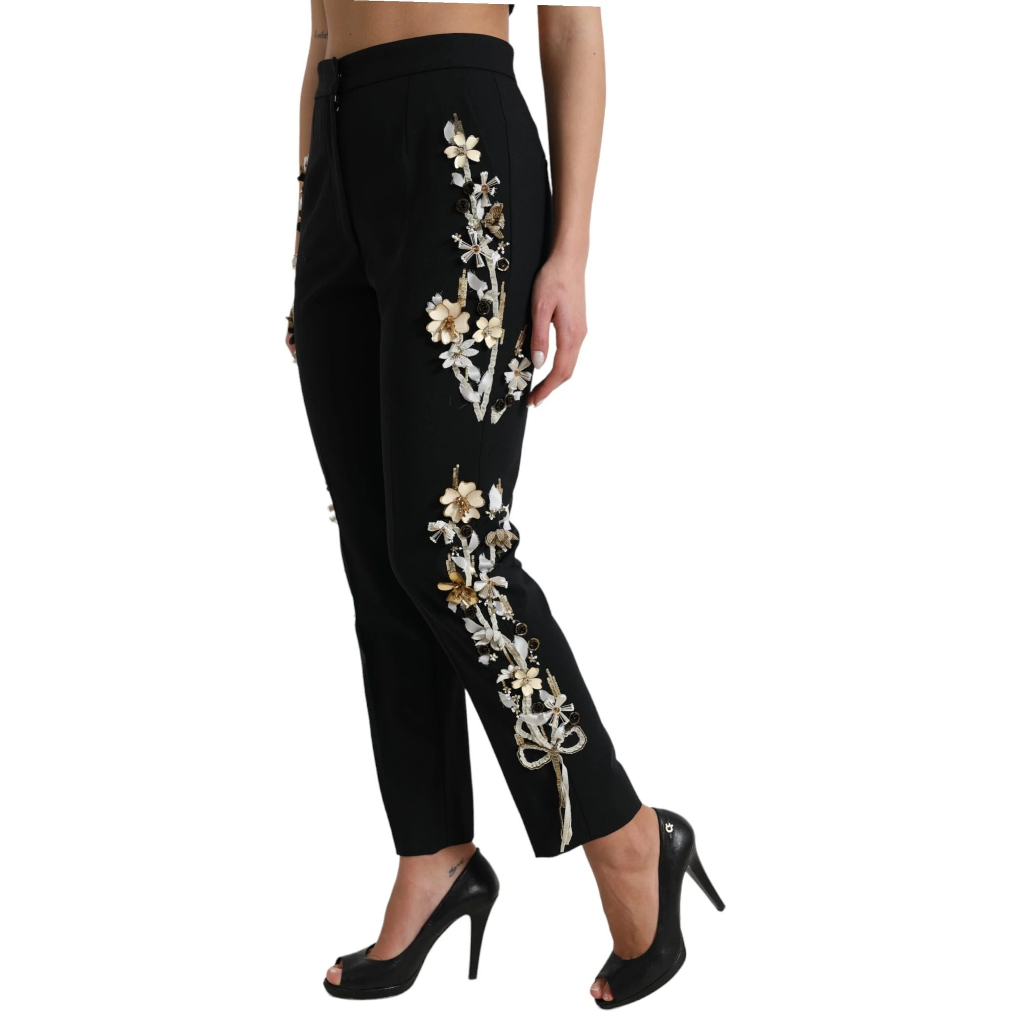Black Floral Applique High Waist Tapered Pants