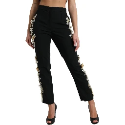 Black Floral Applique High Waist Tapered Pants