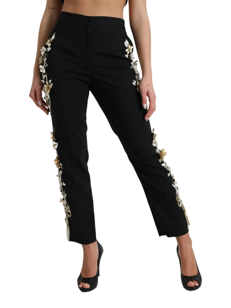 Black Floral Applique High Waist Tapered Pants alternative
