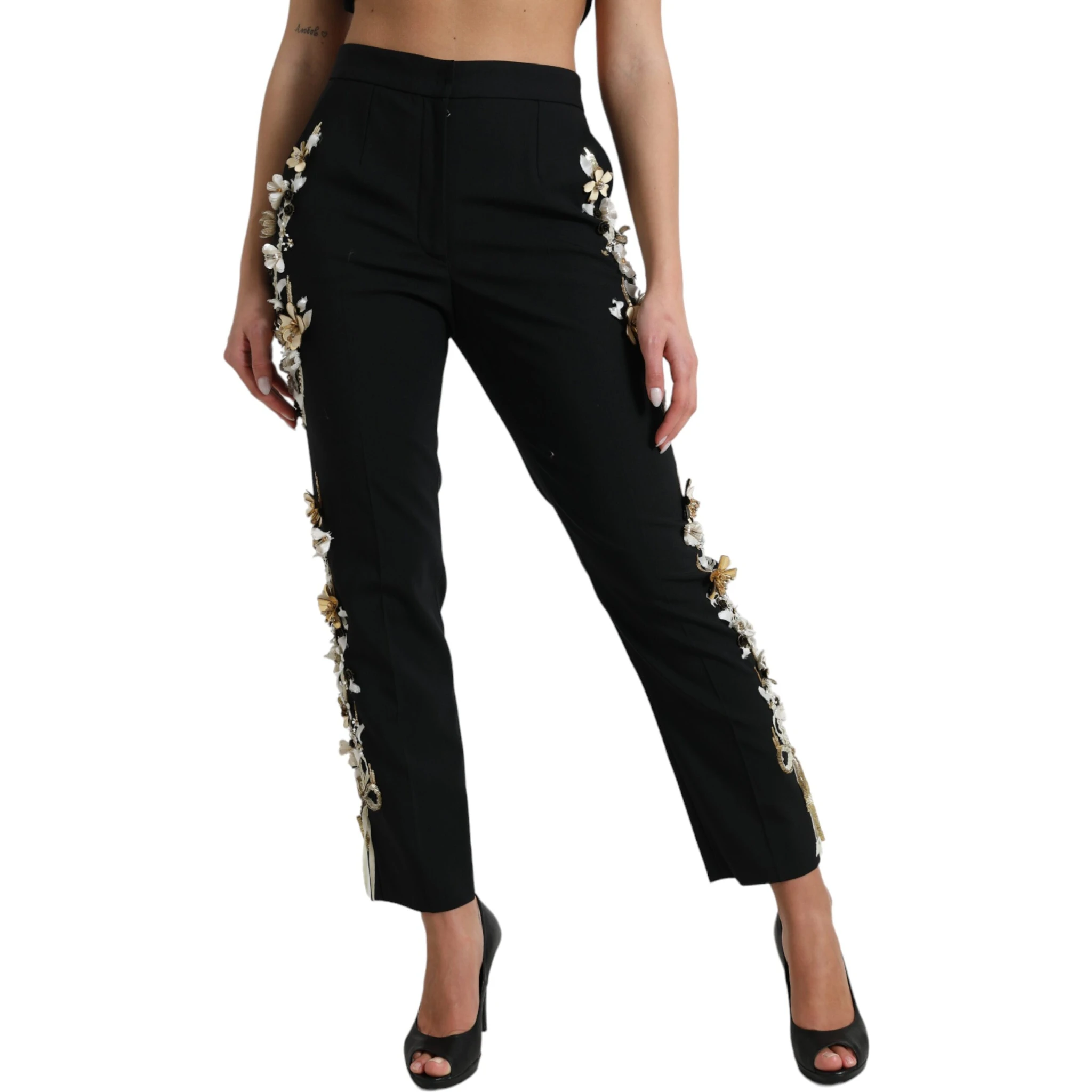 Black Floral Applique High Waist Tapered Pants
