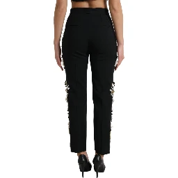 Black Floral Applique High Waist Tapered Pants