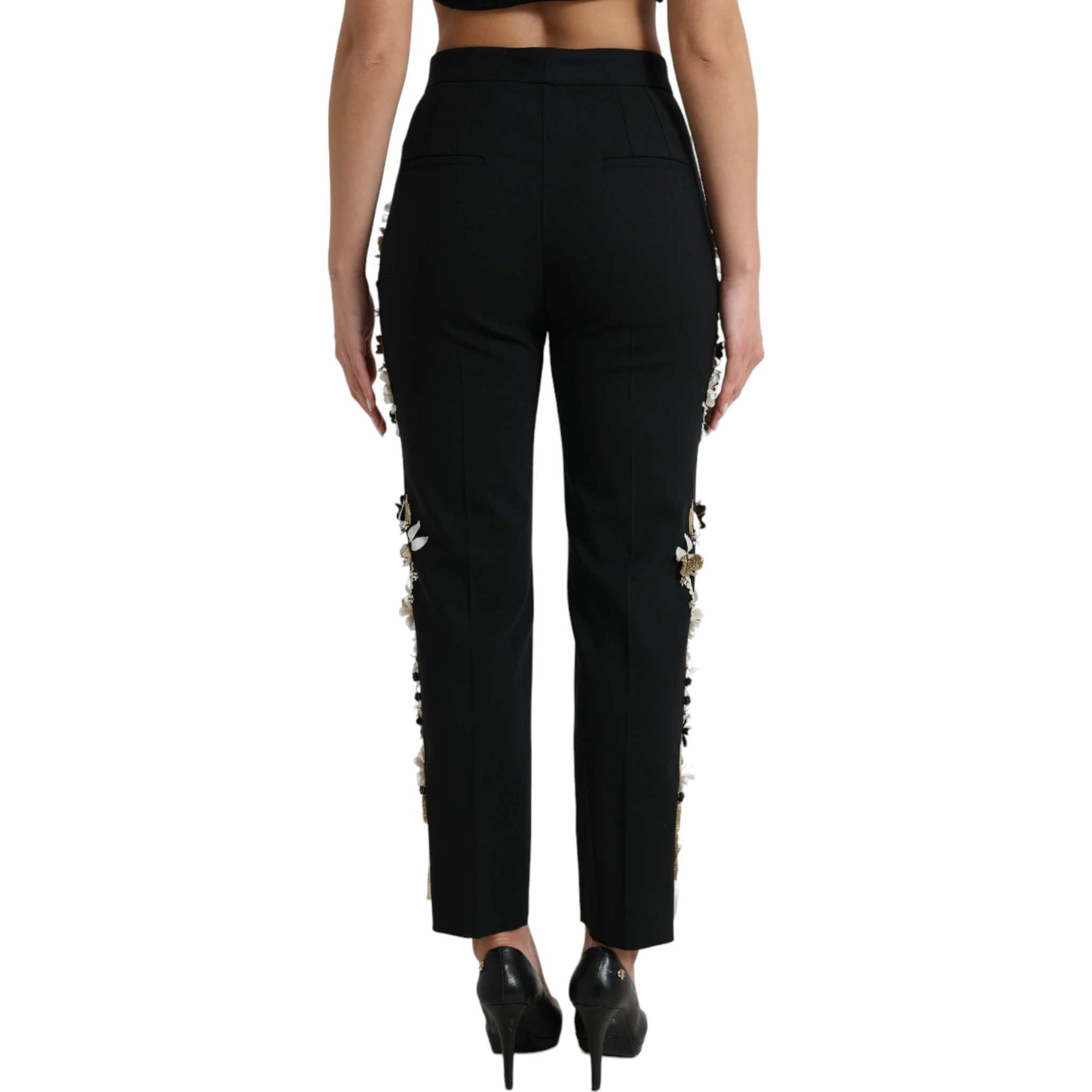 Black Floral Applique High Waist Tapered Pants