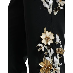 Black Floral Applique High Waist Tapered Pants