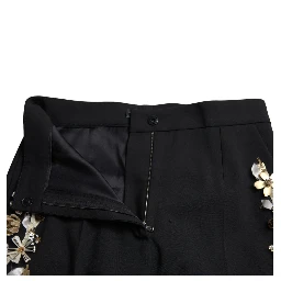 Black Floral Applique High Waist Tapered Pants