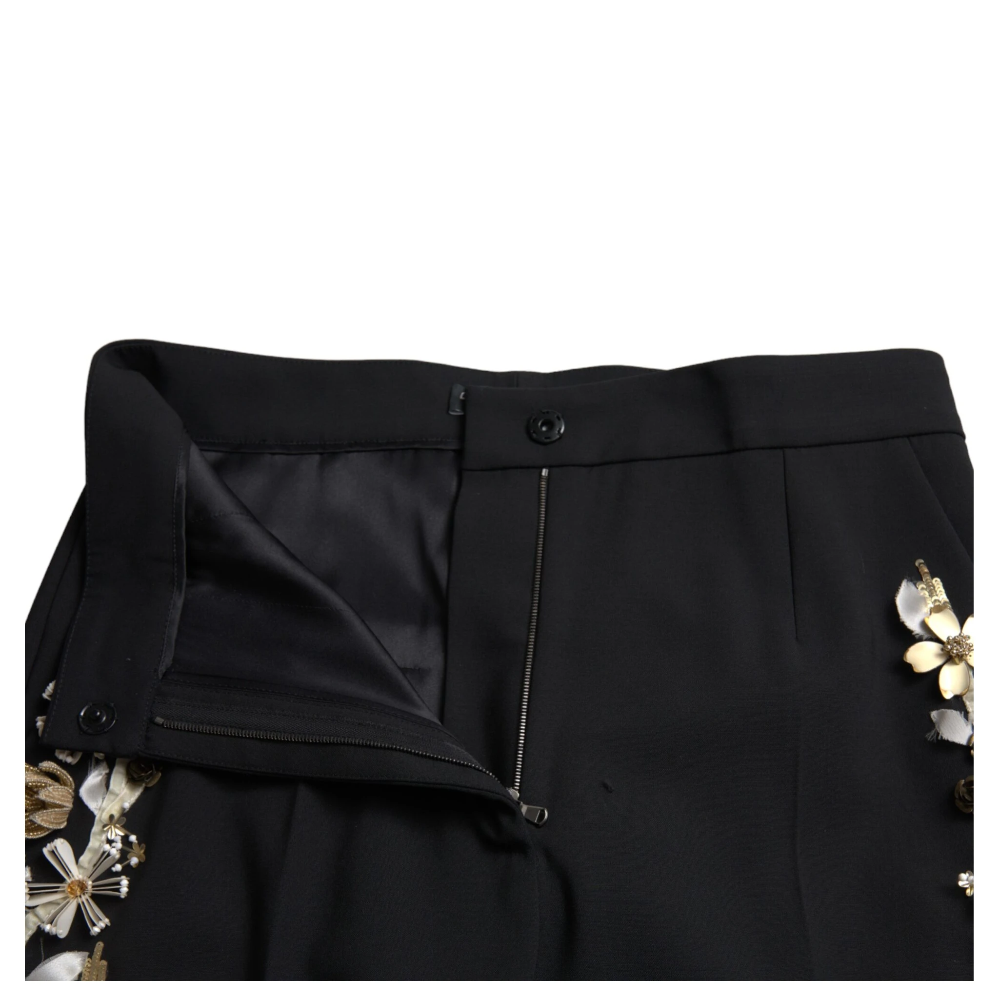 Black Floral Applique High Waist Tapered Pants
