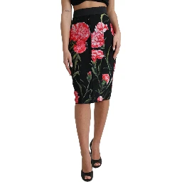Black Carnation Pencil Cut Knee Length Skirt