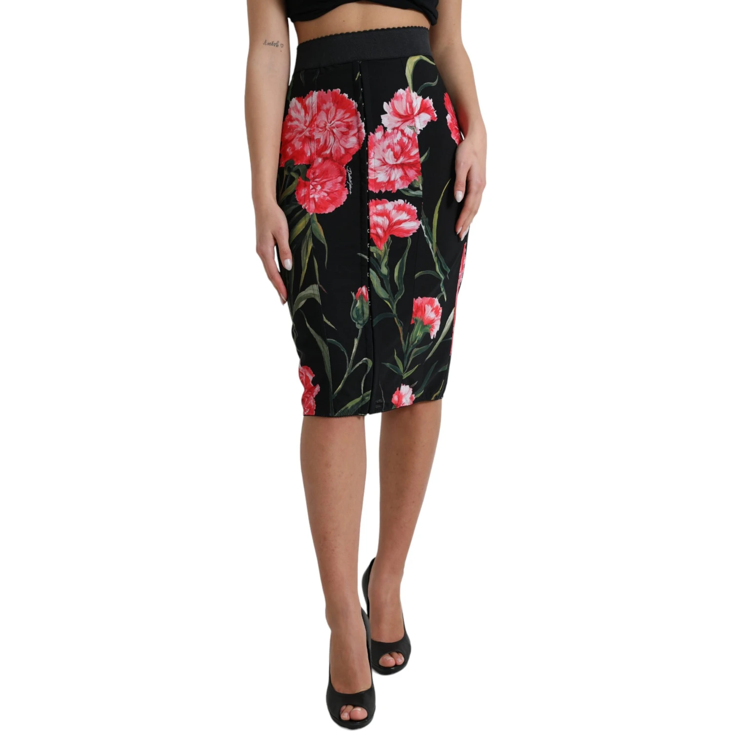 Black Carnation Pencil Cut Knee Length Skirt
