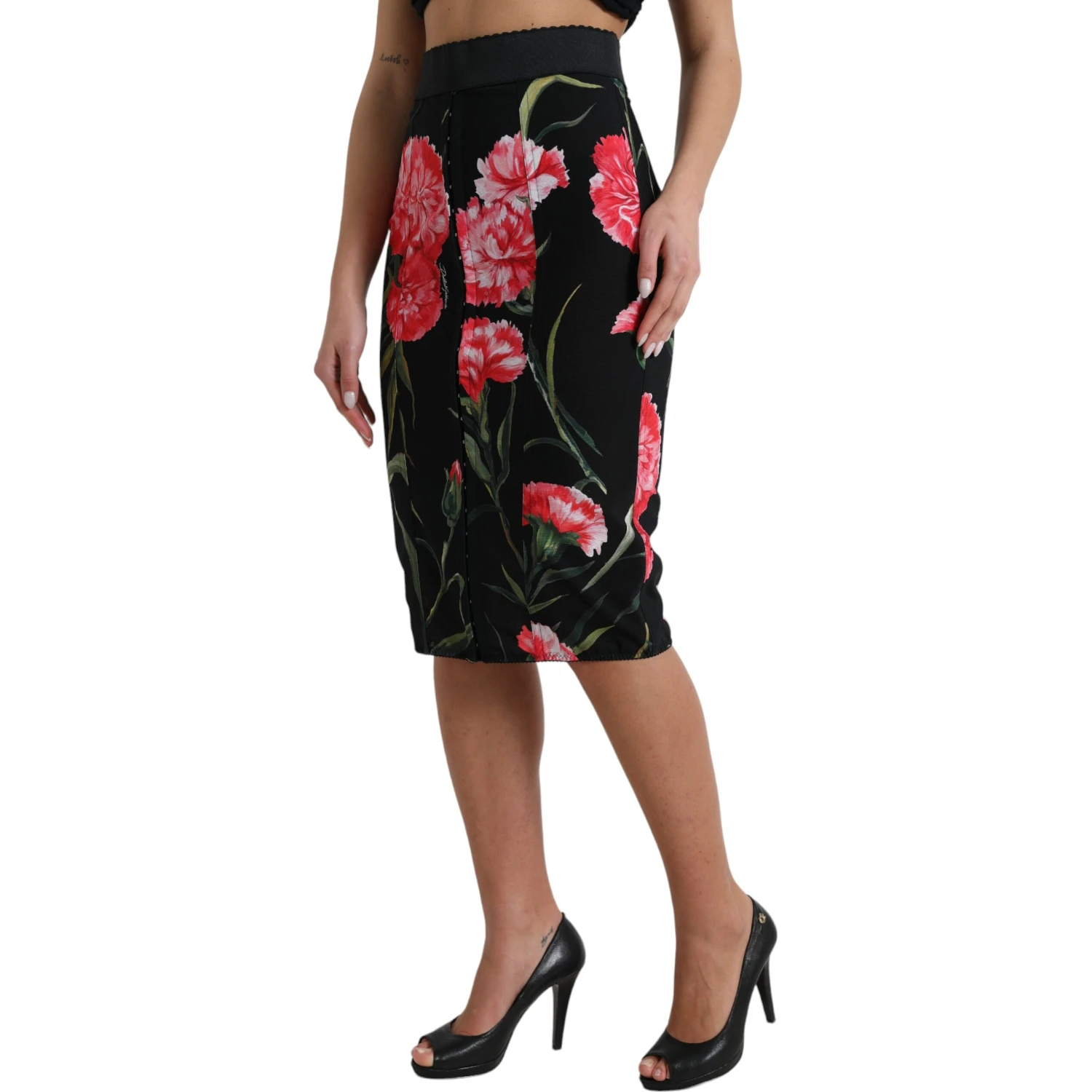 Black Carnation Pencil Cut Knee Length Skirt
