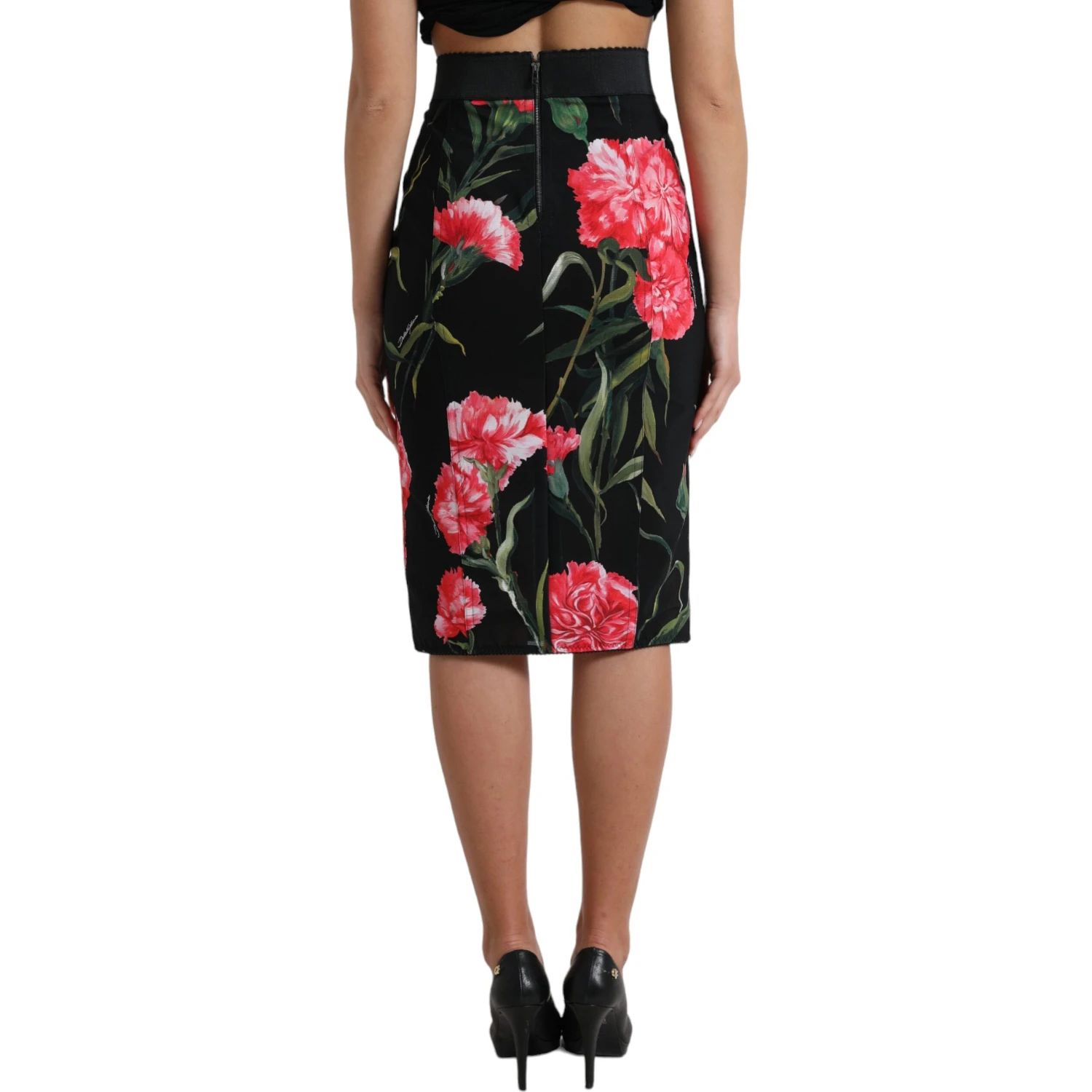 Black Carnation Pencil Cut Knee Length Skirt