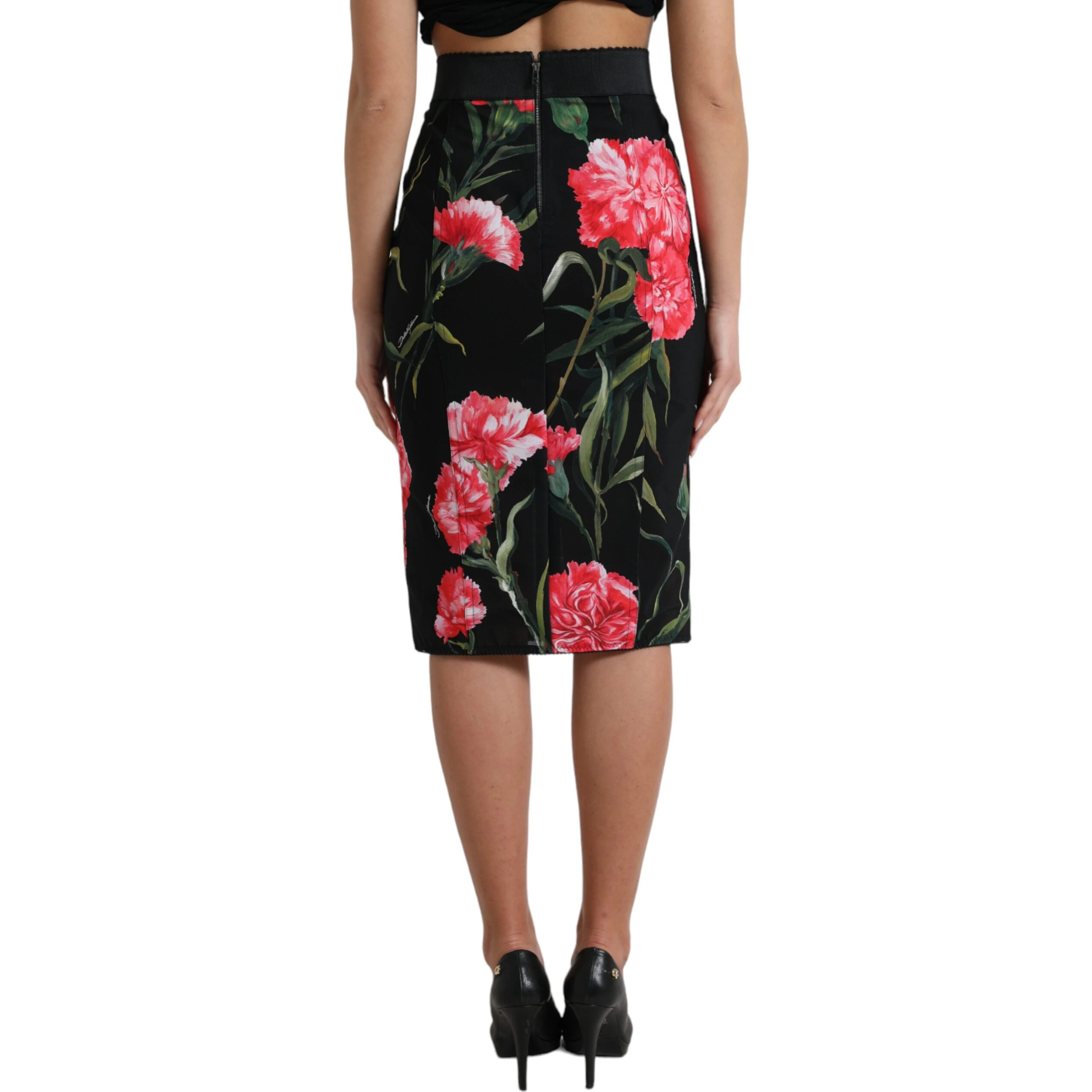 Black Carnation Pencil Cut Knee Length Skirt