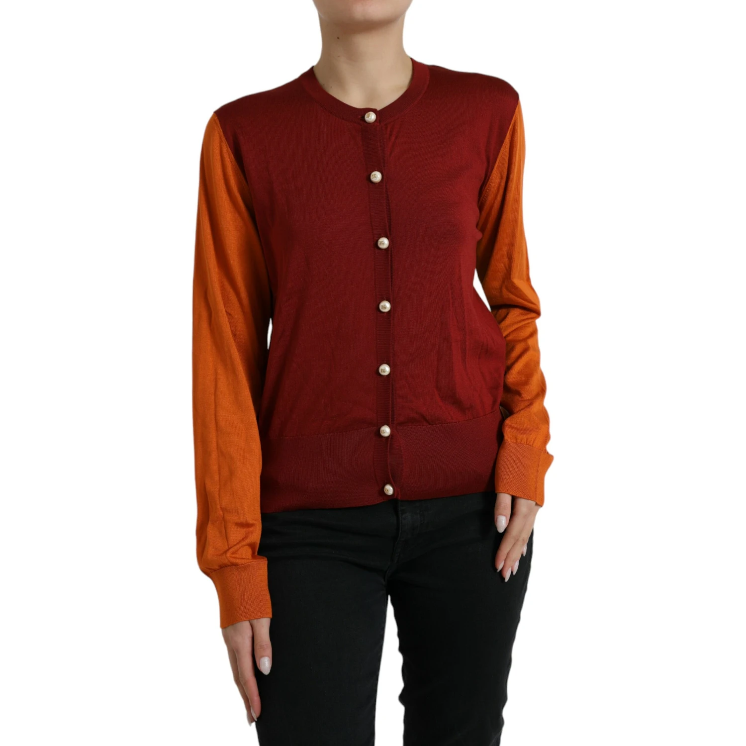 Multicolor Cardigan Color Block Silk Crewneck Sweater