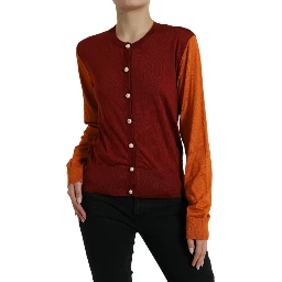 Multicolor Cardigan Color Block Silk Crewneck Sweater