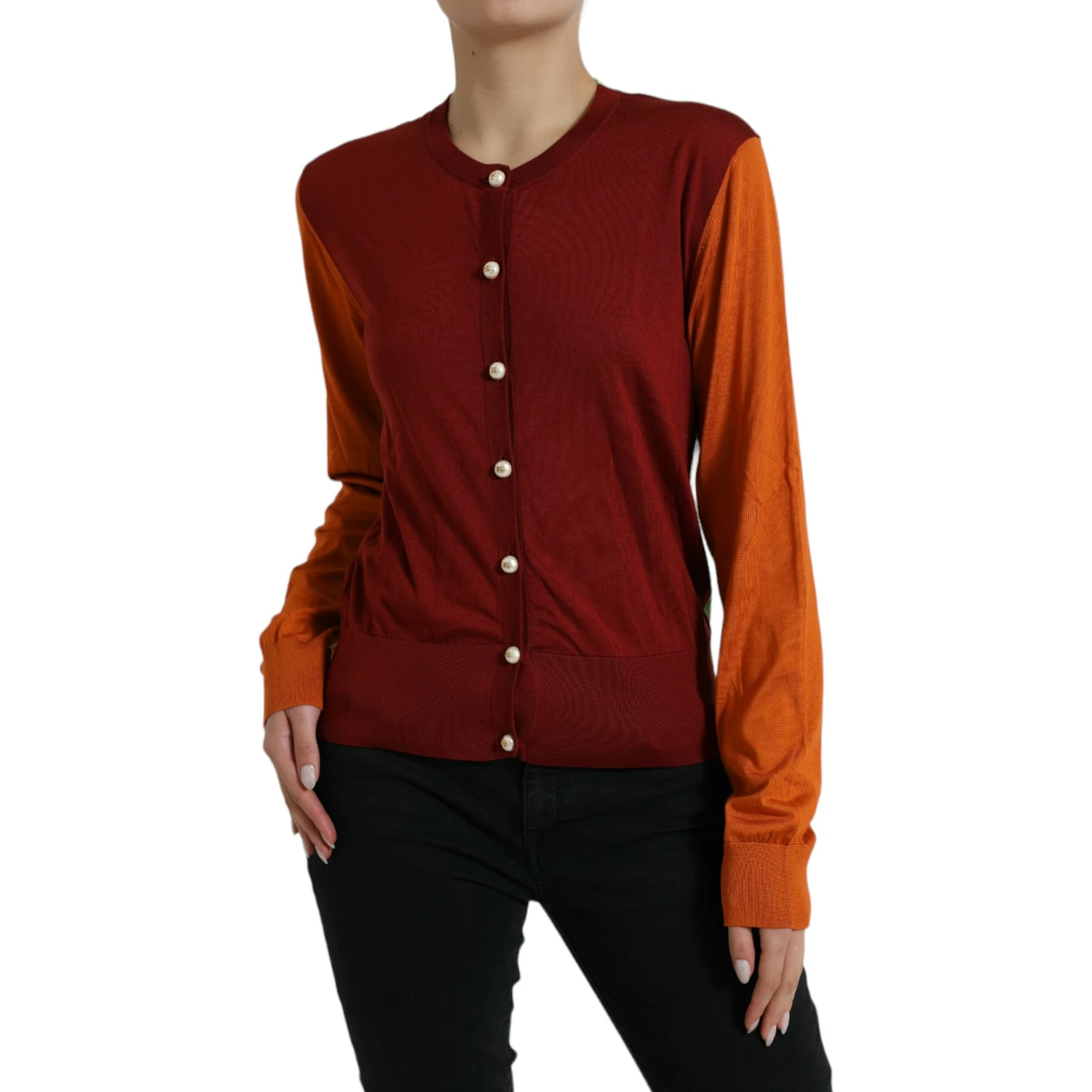 Multicolor Cardigan Color Block Silk Crewneck Sweater