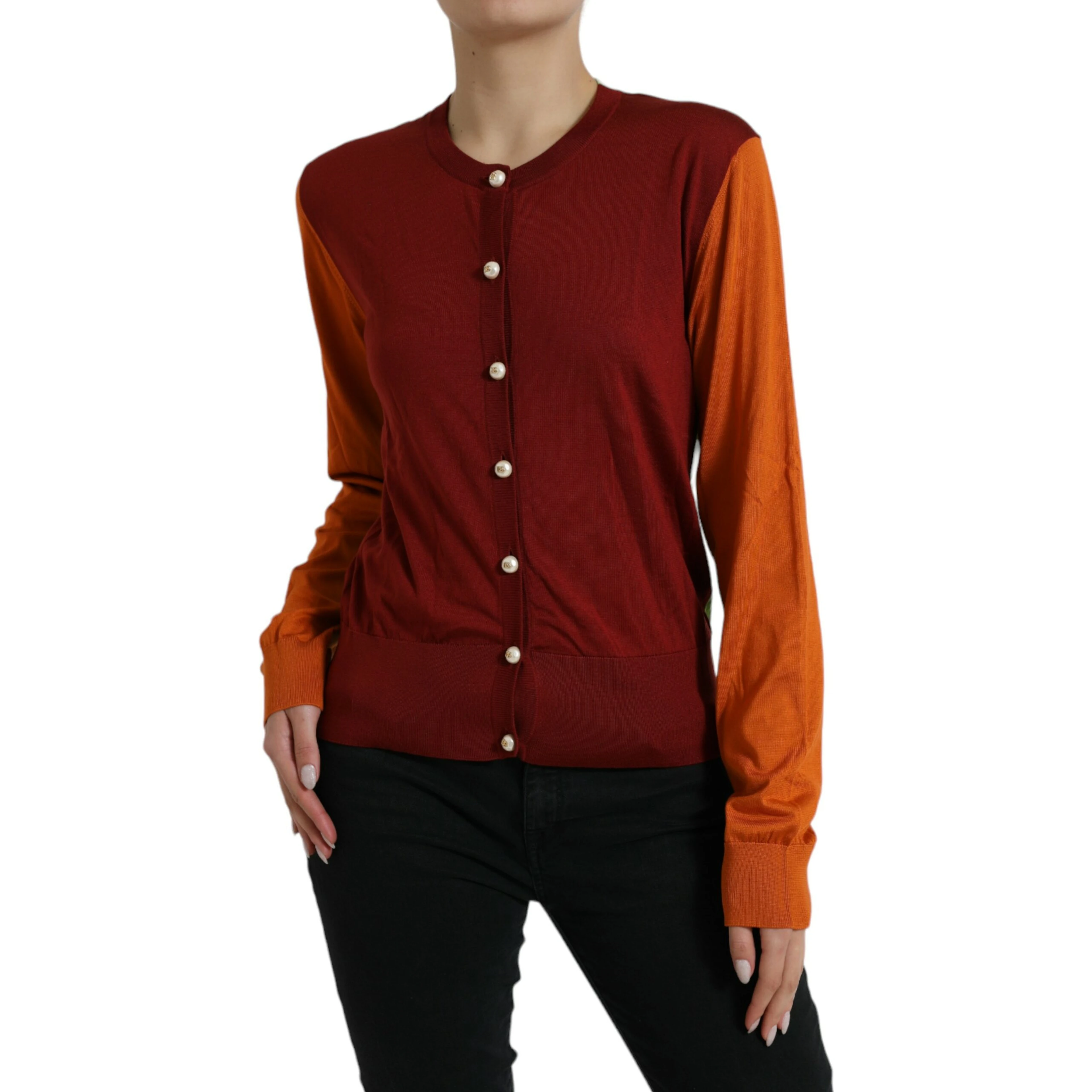 Multicolor Cardigan Color Block Silk Crewneck Sweater