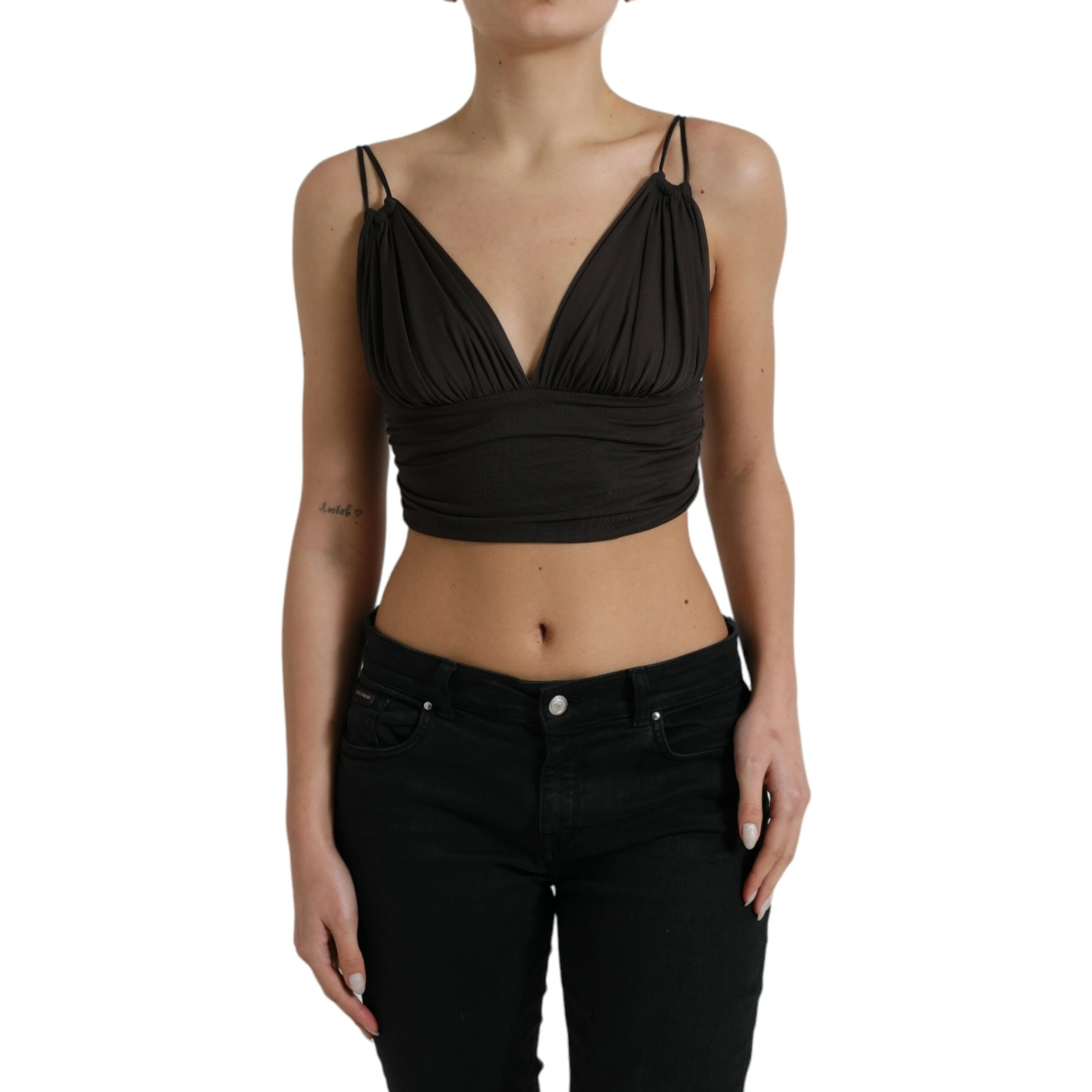 Brown Viscose Plunging V-neck Cropped Tank Top