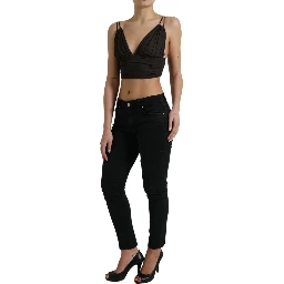 Brown Viscose Plunging V-neck Cropped Tank Top