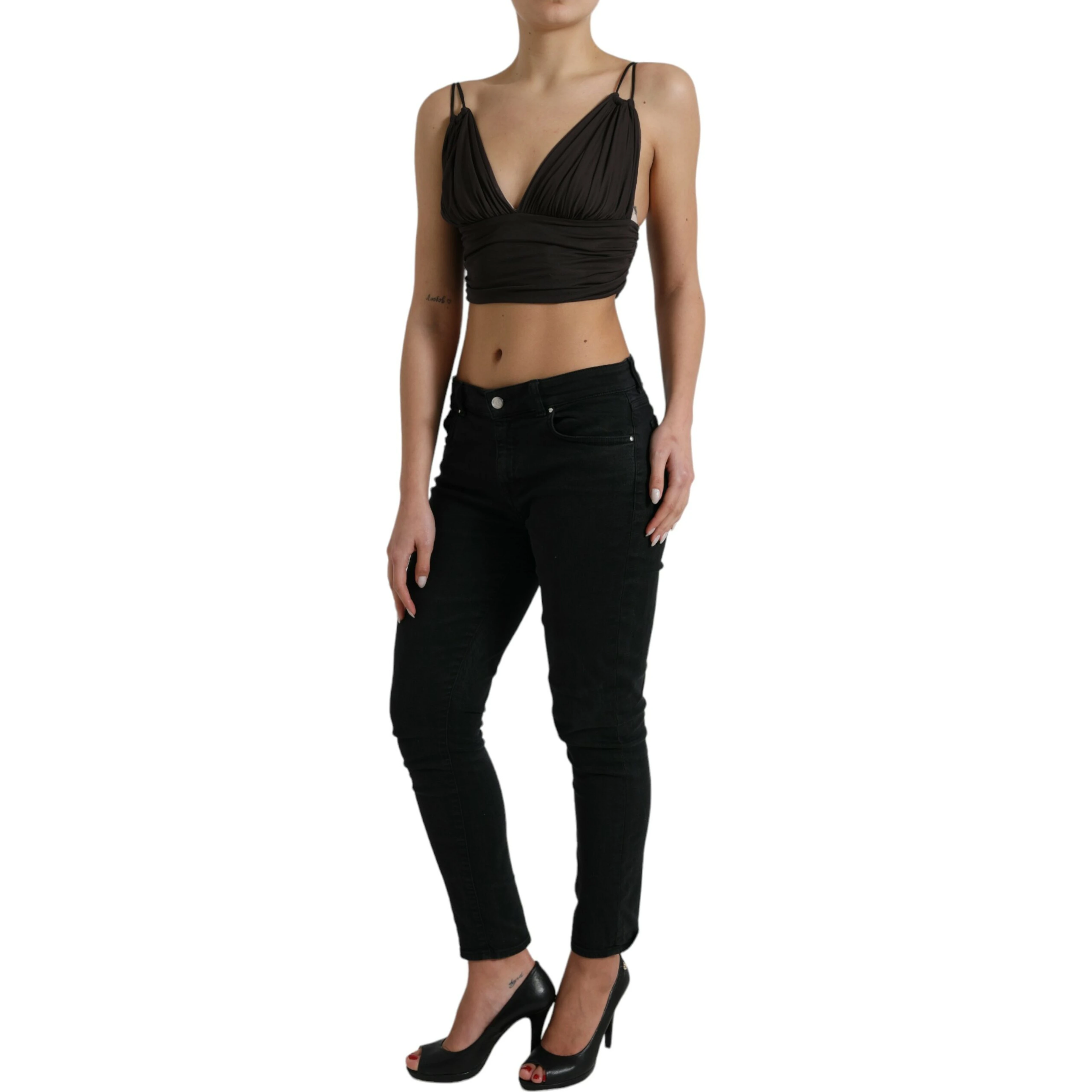Brown Viscose Plunging V-neck Cropped Tank Top