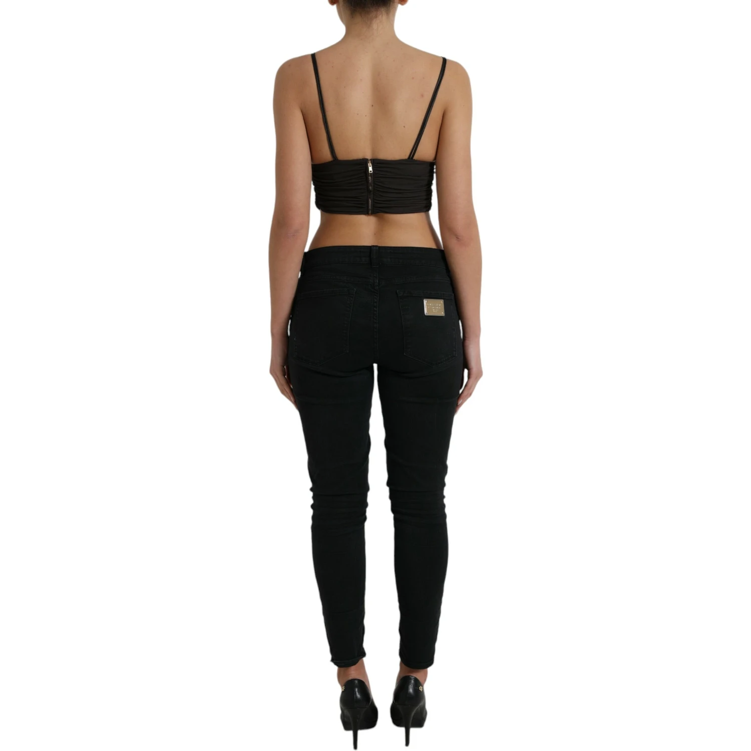 Brown Viscose Plunging V-neck Cropped Tank Top