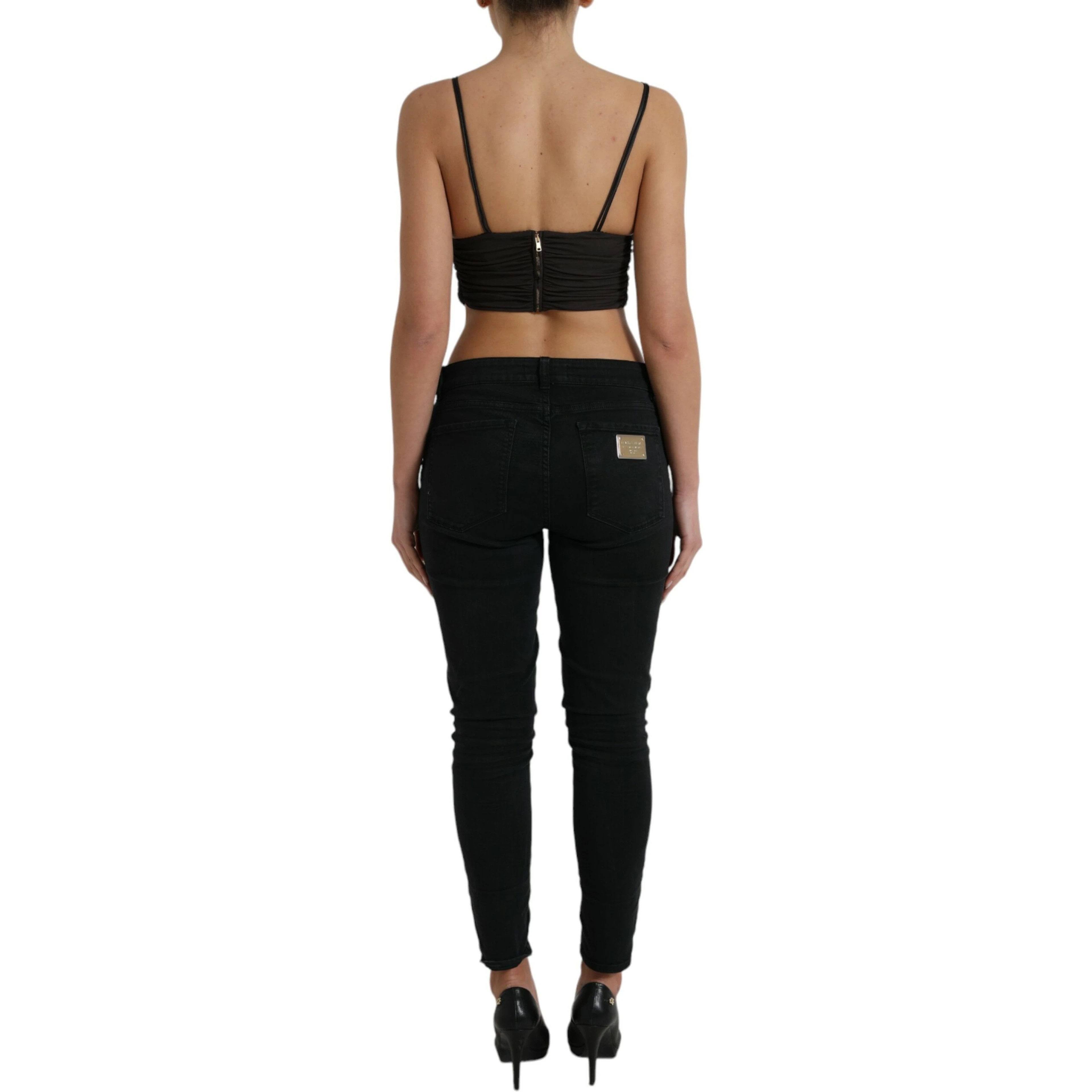 Brown Viscose Plunging V-neck Cropped Tank Top