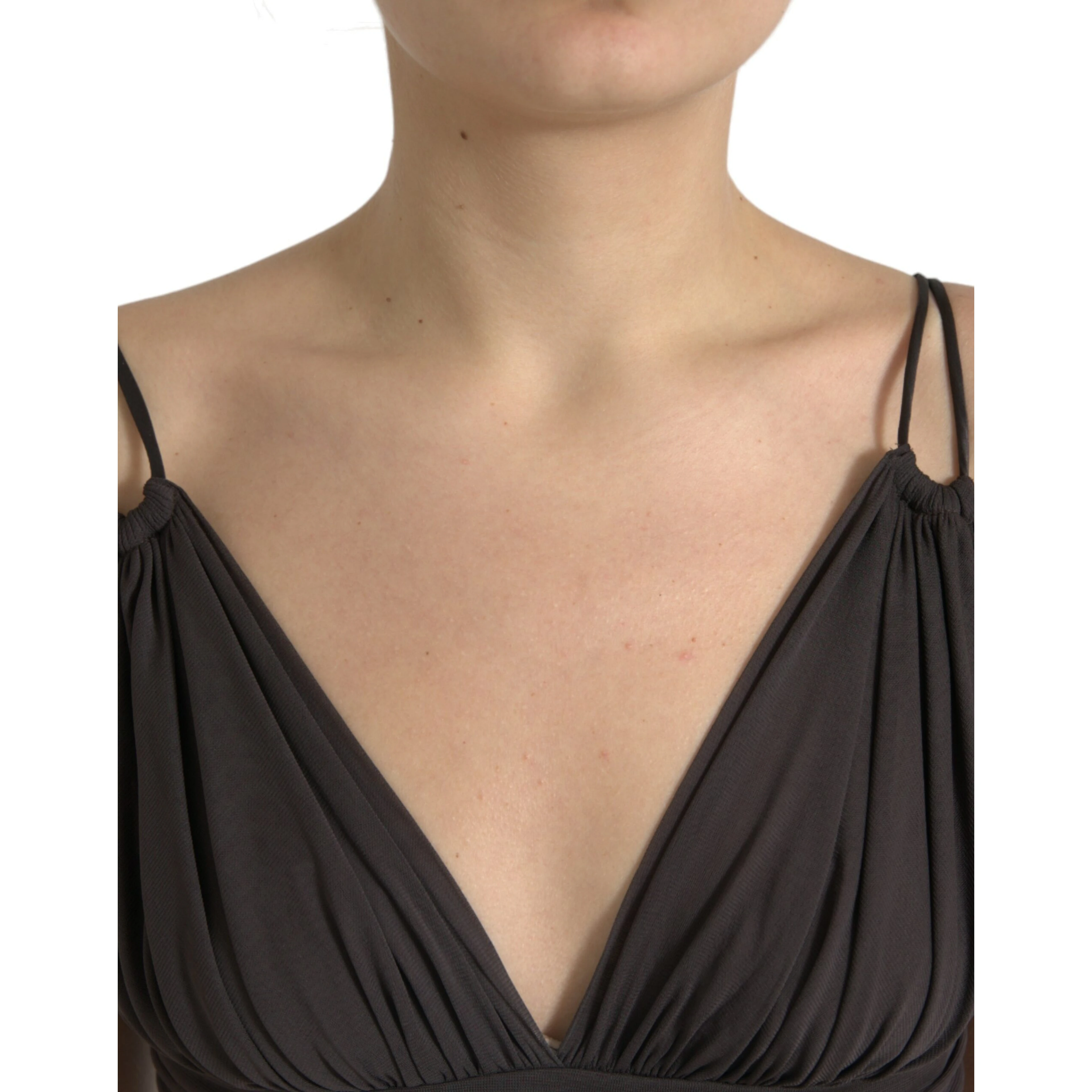 Brown Viscose Plunging V-neck Cropped Tank Top