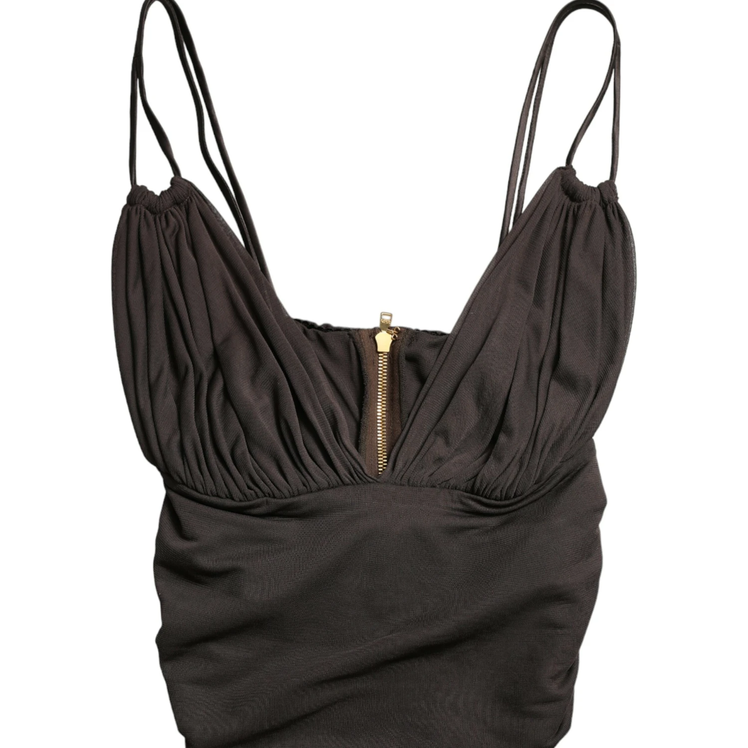 Brown Viscose Plunging V-neck Cropped Tank Top