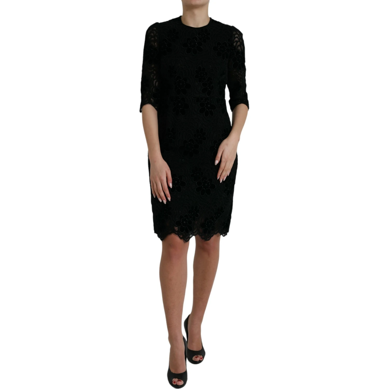 Black Floral Lace Cotton Bodycon Dress