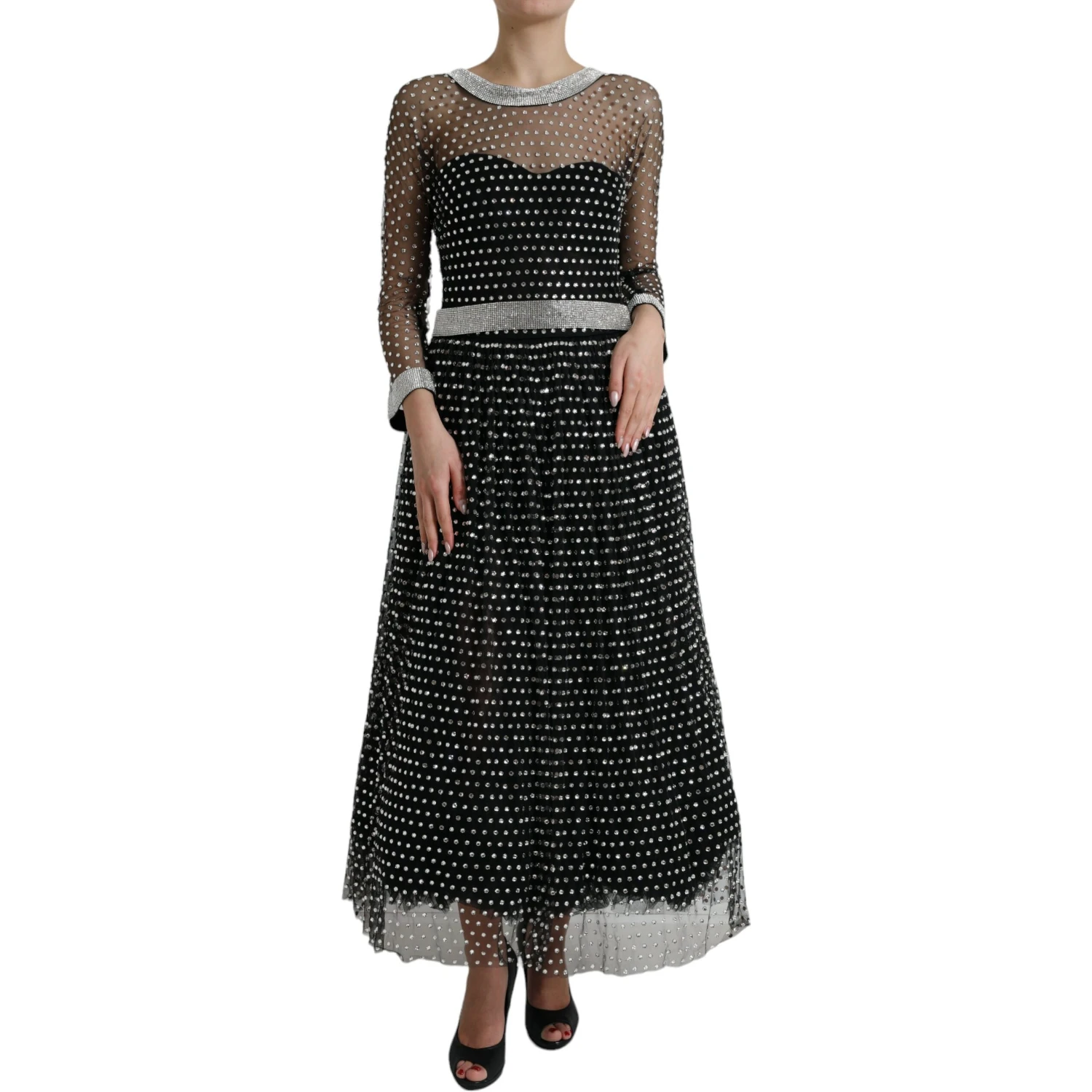 Black Crystal Embellished A-line Gown Dress