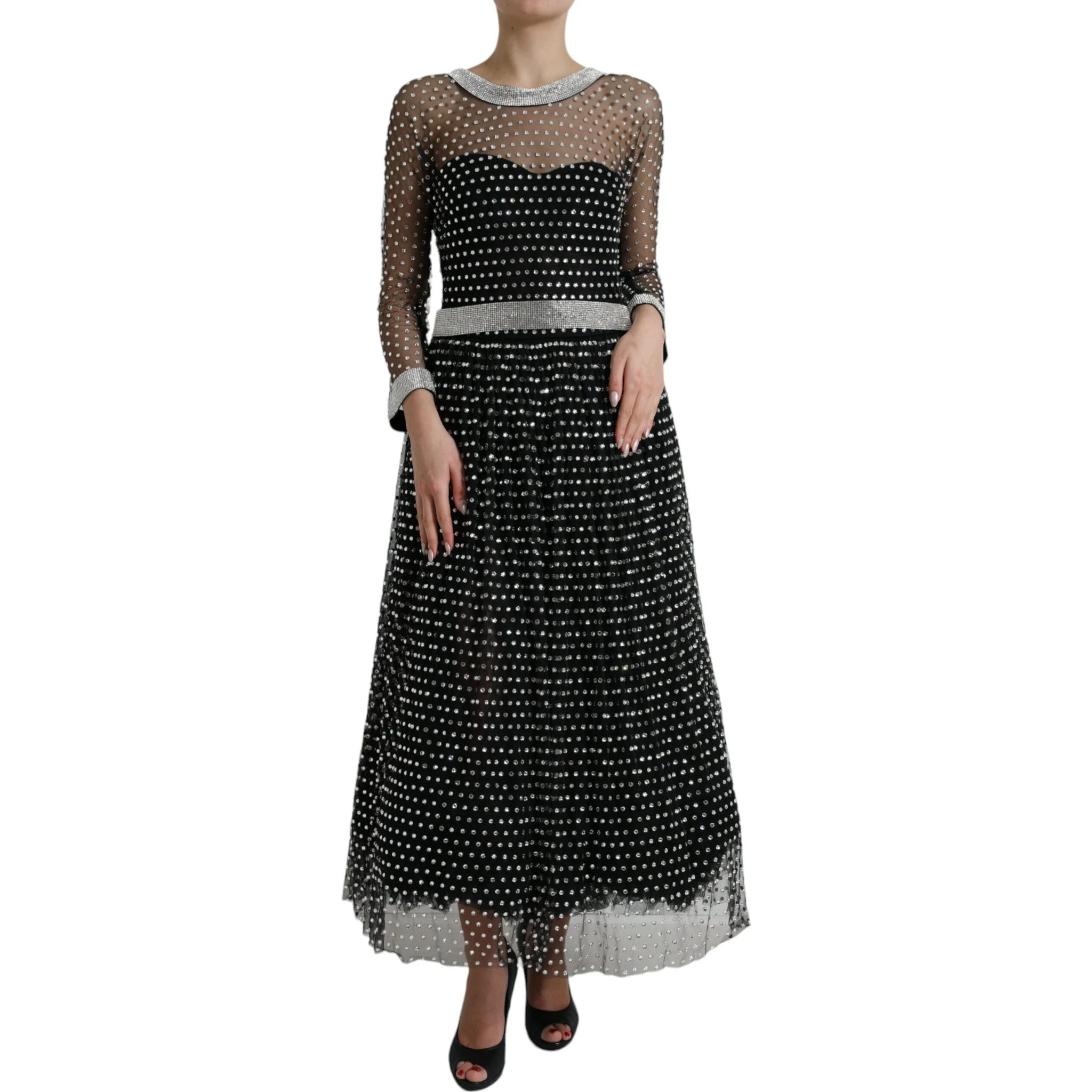 Black Crystal Embellished A-line Gown Dress
