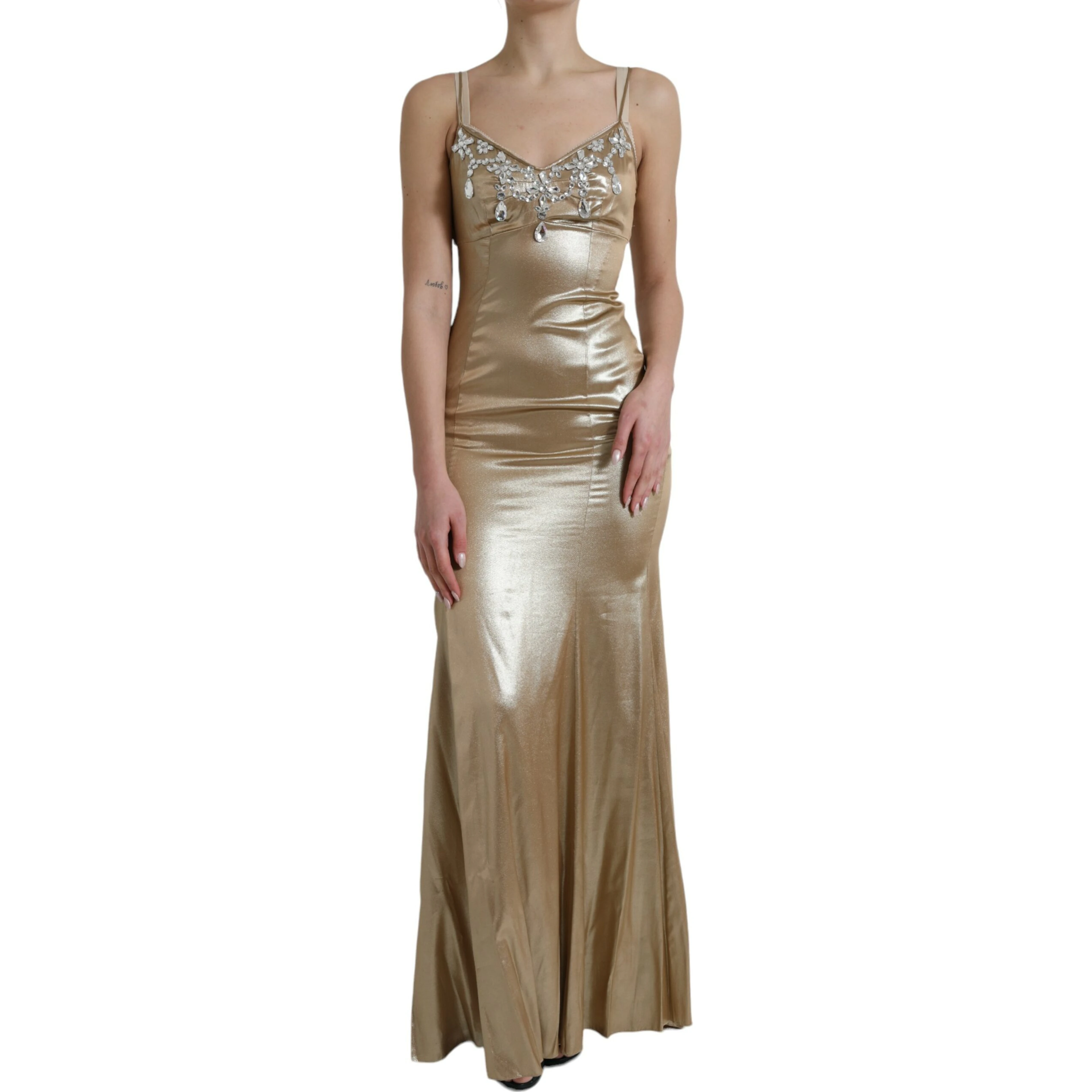 Metallic Gold Crystal Embellished Gown Dress