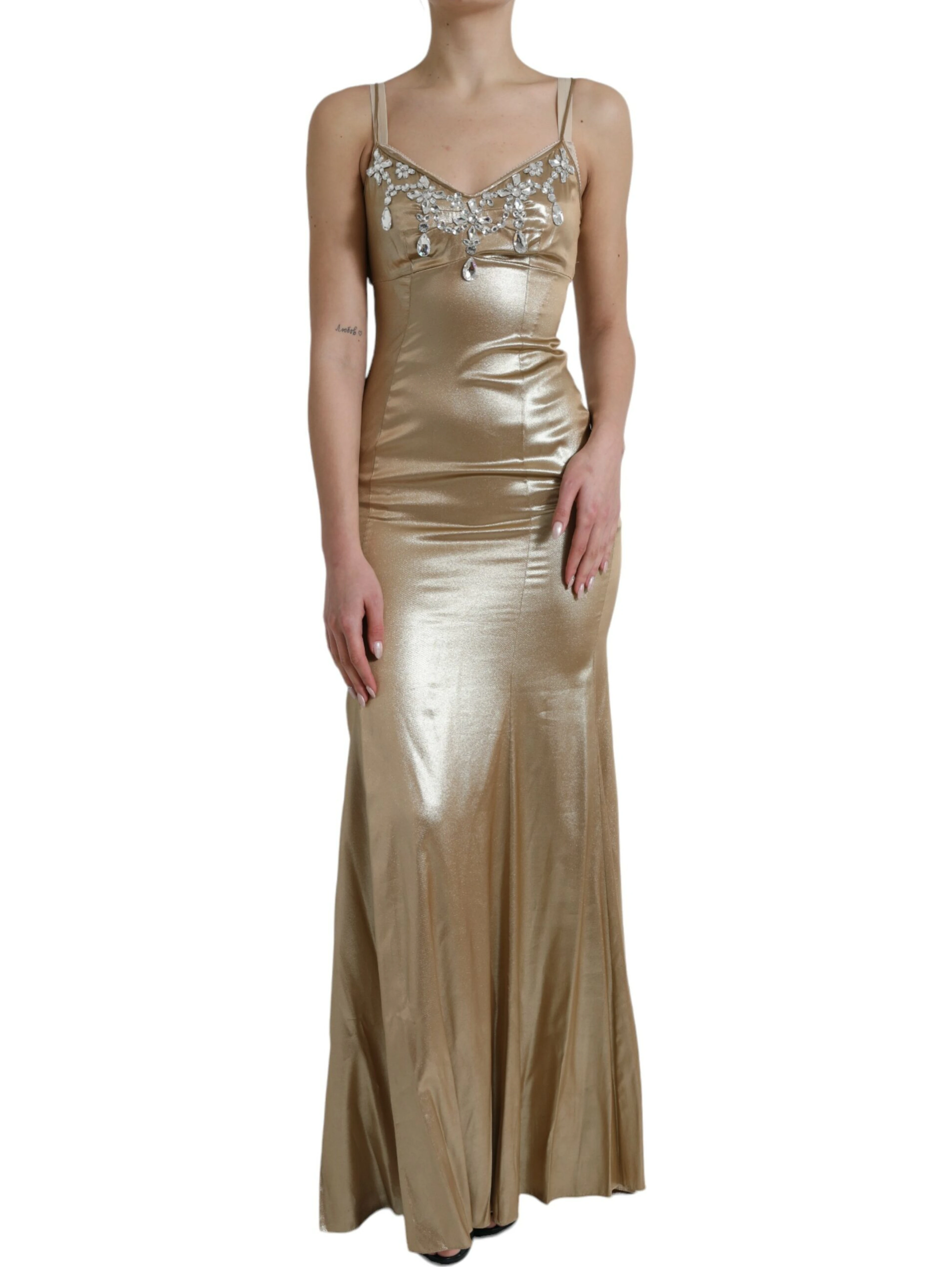Metallic Gold Crystal Embellished Gown Dress