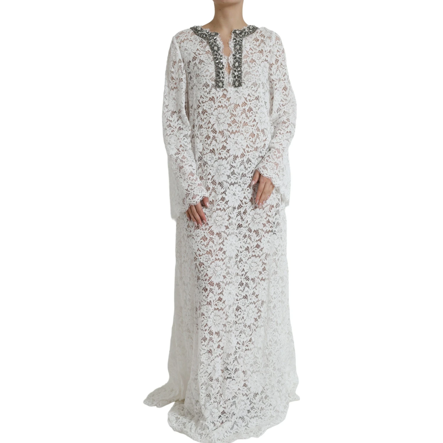 White Lace Crystal Embellished Shift Dress