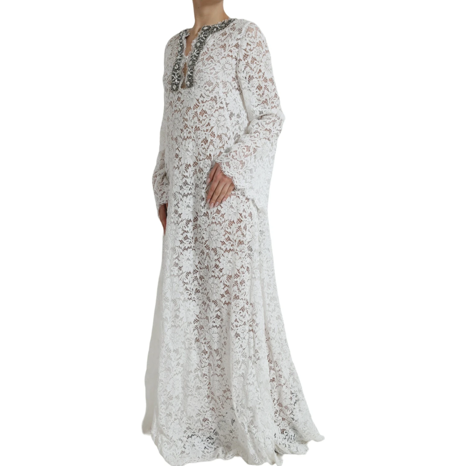 White Lace Crystal Embellished Shift Dress