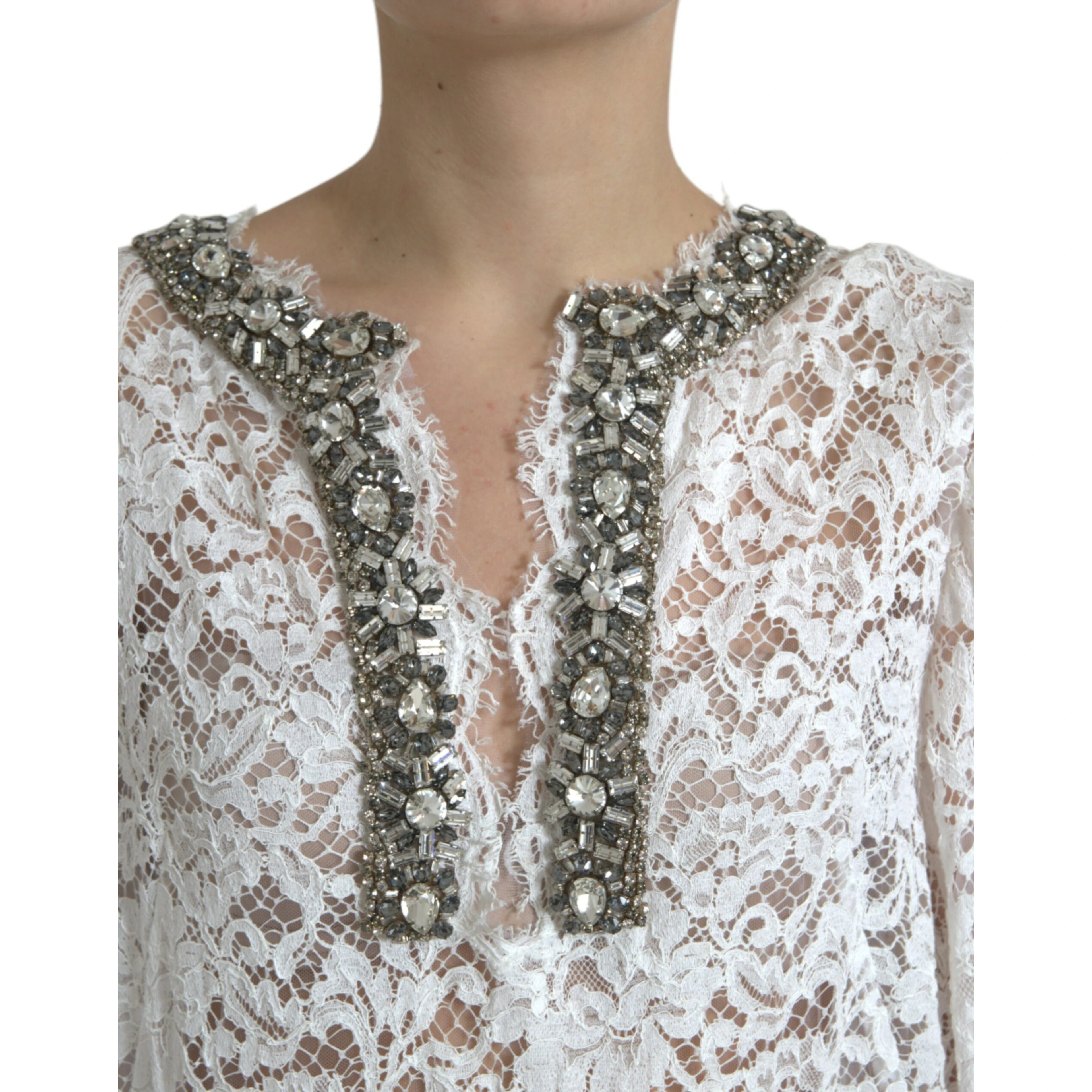 White Lace Crystal Embellished Shift Dress