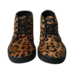 Brown Leopard Pony Hair Leather Sneakers Shoes