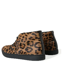Brown Leopard Pony Hair Leather Sneakers Shoes