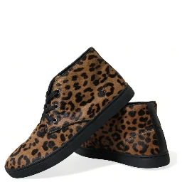 Brown Leopard Pony Hair Leather Sneakers Shoes