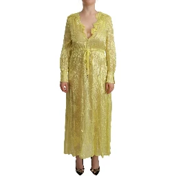 Yellow Silk Long Sleeves Plunging Maxi Dress