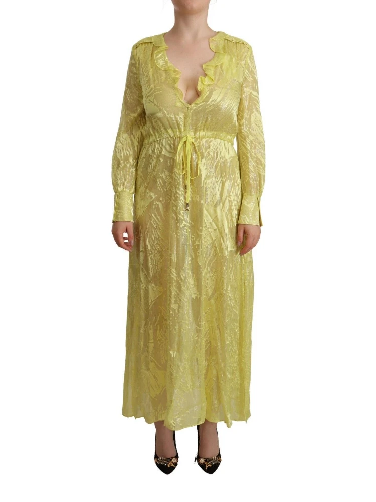 Yellow Silk Long Sleeves Plunging Maxi Dress